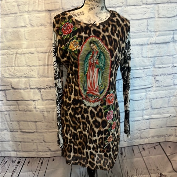 Ed Hardy “Dolls Kill” Mini Dress Leopard Virgin Mary Long Sleeves Y2K Size XL - Picture 2 of 11